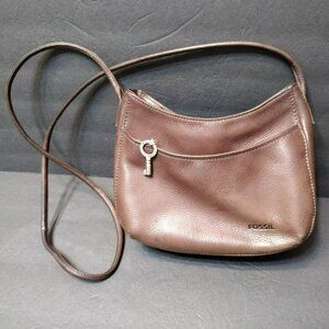Fossil Leather Crossbody Bag With Key Charm Zippered Pockets, Small Brown Purse